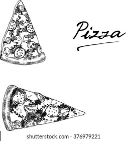 Set of pieces of pizza drawn by ink. Cartoon sketch and hand lettering drawn by ink. Hand drawn vector illustration.