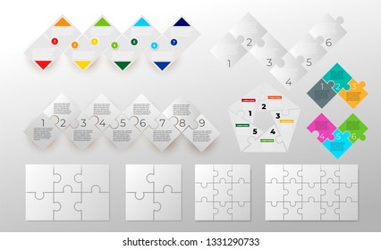 Set of pieces puzzle square diagram. Square business presentation infographic. 5, 6, 7, 9 steps parts pieces of process diagram. Jigsaw puzzle info graphic. Section compared banner. Marketing strategy