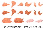 A set of pieces of raw chicken meat. Chicken leg, wing, breast fillet, drumstick, whole peeled chicken. Fresh raw and fried on chicken. Flat cartoon vector illustration isolated on a white background.