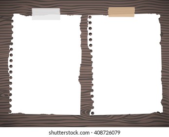 Set of pieces ripped white notebook paper are stuck on dark wooden wall or desk