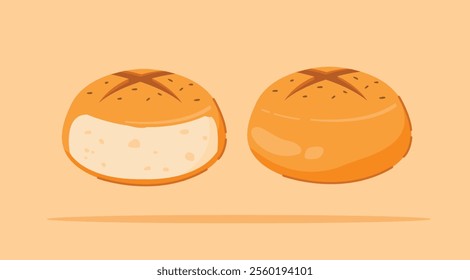 set of pieces of Rolled bread and whole. Homemade round wheat bread, for posters and web icons