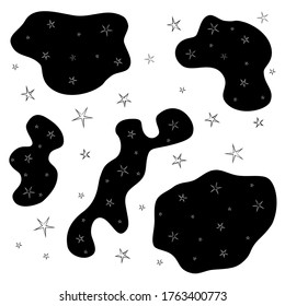 a set of pieces of sky and stars in black and white. vector. hand drawn