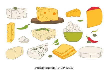 Set of pieces and slices of cheese isolated on a white background. Vector head of cheese in doodle linear style isolated on white background