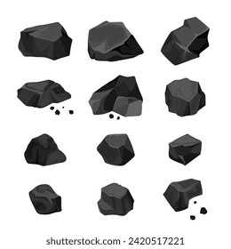 Conjunto de piezas de un icono de dibujos animados aislados de carbón térmico. Caricatura vectorial dispersa la energía del carbón. Minería.