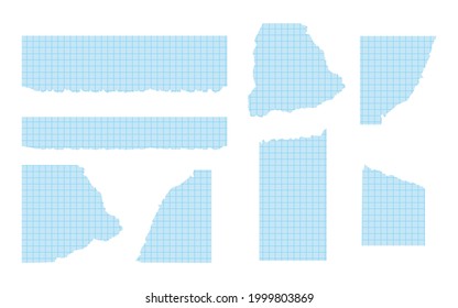 Set of pieces of torn blue graph paper of various shapes. Ripped paper templates with frayed edge. Checkered technical sheet, paper grid square line texture. Isolated on white vector illustration