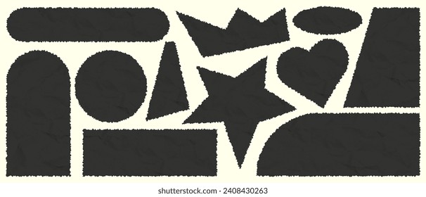 Un conjunto de trozos de papel roto. Marcos cuadrados negros con bordes jaleados y textura de papel desmenuzado. Etiqueta adhesiva, tira de mosaico. Borde de caligrafía, fondo de encabezado de fondo aislado.