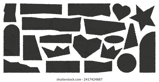 Un conjunto de trozos de papel roto. Marcos cuadrados negros con bordes jaleados y textura de papel desmenuzado. Etiqueta adhesiva, tira de mosaico. Borde de caligrafía, fondo de encabezado de fondo aislado.