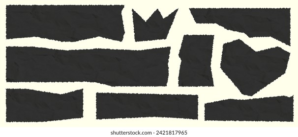 A set of pieces of torn paper. Black square frames with jagged edges and crumpled paper texture. Collage sticker, patchwork strip. Calligraphy border, isolated grunge header background.
