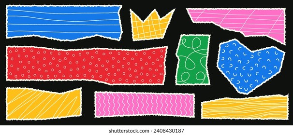 A set of pieces of torn paper. Multi-colored square frames with jagged edges and doodles. Collage sticker, patchwork strip. Calligraphy border, isolated grunge header background.