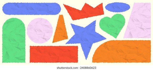 A set of pieces of torn paper. Multi-colored square frames with jagged edges and crumpled paper texture. Collage sticker, patchwork strip. Calligraphy border, isolated grunge header background.