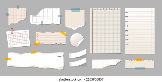 A set of pieces of torn paper from a notebook, glued on a gray background. Sheets of paper for notes and inscriptions. Vector illustration
