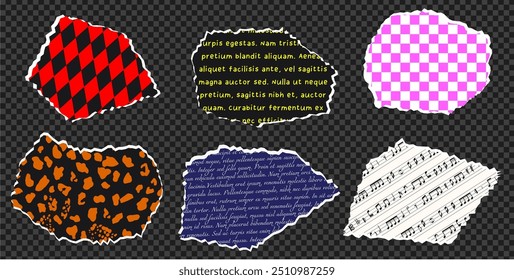 Set of pieces of torn paper with various patterns.Torn paper craft with patterns. Elements of torn paper for fashion collages. Trendy vector illustration.