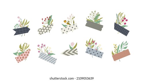 Set of pieces of washi tape with flowers. Cute crafty decorations. Flat freehand illustrations. Vector isolated on white.