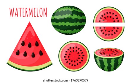 Set of pieces of watermelon. Slice of watermelon on white background. Vector illustration.