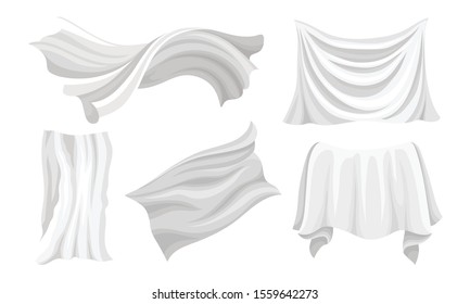 Set of pieces of wavy clean white fabric. Vector illustration.