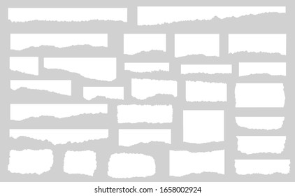 Set of pieces of white torn paper, isolated on grey background. Vector illustration 