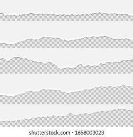Set of pieces of white torn paper, isolated on grey background. Vector illustration 