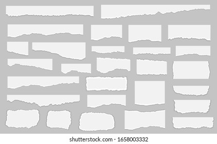 Set of pieces of white torn paper, isolated on grey background. Vector illustration 