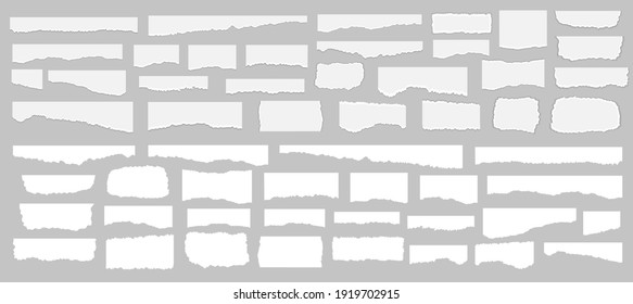 Set of pieces of white torn paper, isolated on grey background. Vector illustration