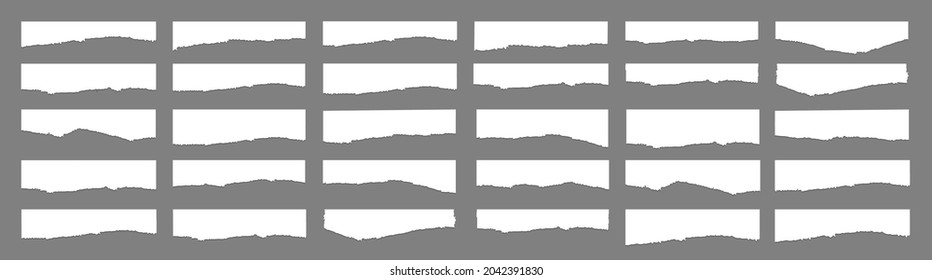 Set of pieces of white torn paper, isolated on grey background. Vector illustration