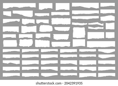 Set of pieces of white torn paper, isolated on grey background. Vector illustration