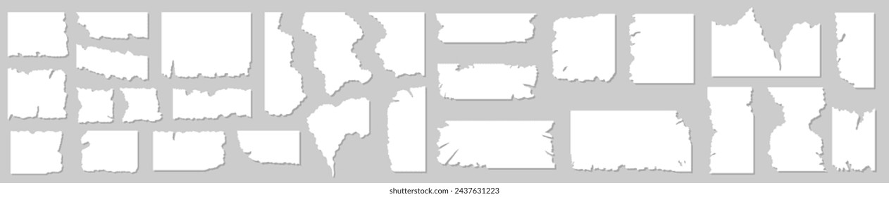 Set von Stücken aus weißem zerrissenem Papier, isoliert auf grauem Hintergrund. Vektorgrafik