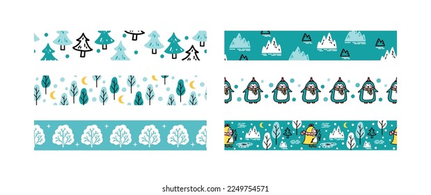 Set of pieces of winter seamless patterns for paper tapes, children's stationery, scrapbooking, packaging tapes. Cute hand drawn cartoon style borders with penguins, snowy forest, icebergs