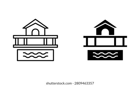 A set of pier and cabin icon designs on a white background, representing waterfront architecture, travel destinations, and scenic boat docks for commercial projects.
