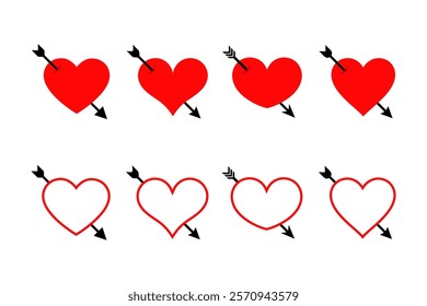 Set of pierced heart icons. Heart with arrow vector symbol. Lovestruck or arrow through heart flat vector icon