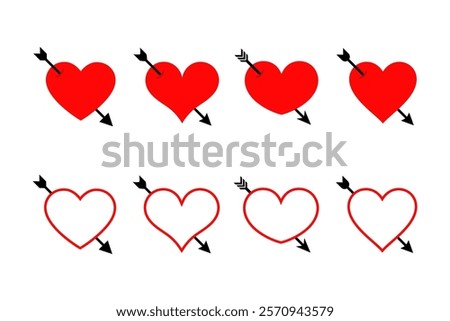 Set of pierced heart icons. Heart with arrow vector symbol. Lovestruck or arrow through heart flat vector icon