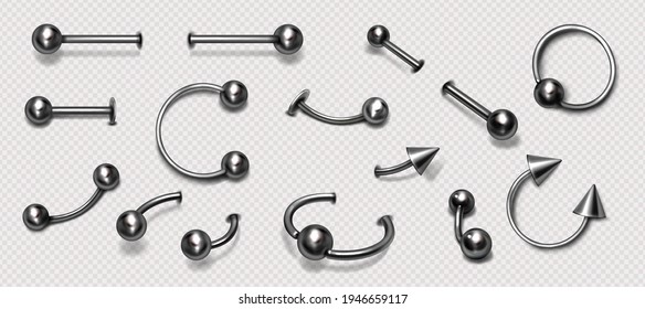 Set of piercing jewelry, metal pierce rings, barbell with balls and cones for face and body decoration. Beauty accessories, earrings isolated on background, Realistic 3d vector icons