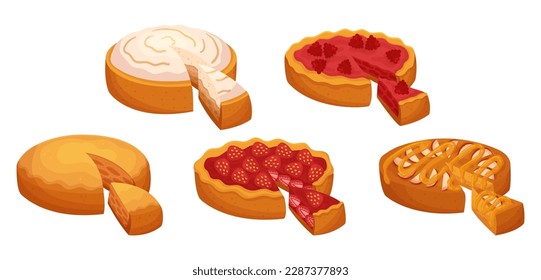 Set Of Pies With Cut Pieces, Revealing The Delicious Fruit or Berry Fillings And Flaky Crust. Perfect For Bakery Or Food-related Designs Enticing The Viewer To Take A Bite. Cartoon Vector Illustration