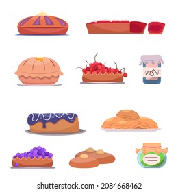 A set of pies with different fillings. Vector collection of pies, jams and scones