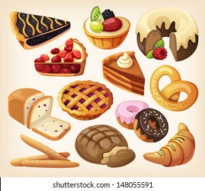 Set of pies and flour products from bakery or pastry shop