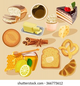 Set of pies and flour products from bakery or pastry shop. Buns, baguettes, bread, pastries, and other baked goods.