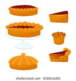 A set of pies with jam and carrot or pumpkin cakes. Cartoon vector baking illustration