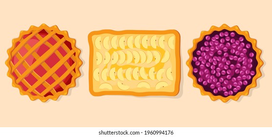 Set of pies top view.Delicious and appetizing pastries.Apple pie,currant and raspberry.Delicious and pleasant illustrations in the cardboard style.Vector illustration.
