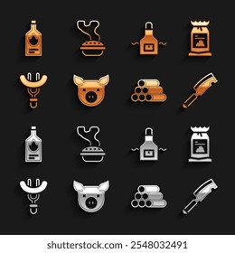 Set de cerdo, bolsa de carbón de barbacoa, picador de carne, troncos de madera, salchicha en el tenedor, delantal de cocina, salsa tabasco e icono de pastel casero. Vector