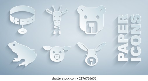 Set Pig, Bear head, Frog, Rabbit, Giraffe and Collar with name tag icon. Vector
