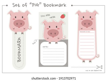 Set of pig bookmark for print and cut. Cute fat pig bookmark and paper note printable vector design. 