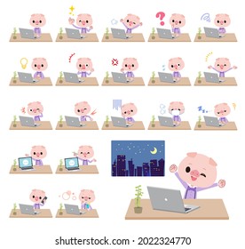 Un grupo de niños de cerdo en el trabajo de escritorio. Es arte vectorial, así que es fácil de editar.