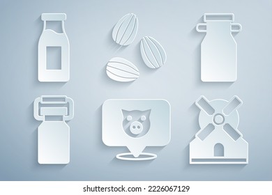 Set Pig, Can container for milk, Windmill, Seeds and Bottle with icon. Vector