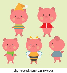 Set of pig cartoon character. Different action and costume. Vector illustrator cartoon style.