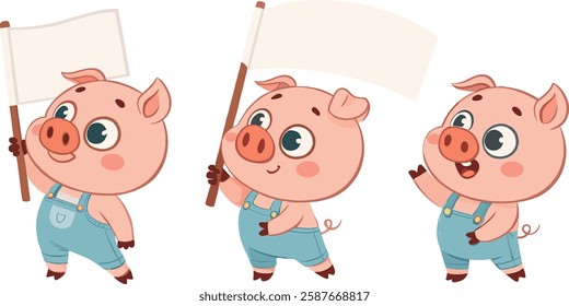 Set of Pig Cartoon Character Holding a Blank Flag Illustrations