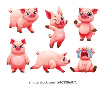 Conjunto de cerdo en diferentes poses. Vector ilustración de dibujos animados