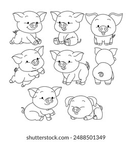 Set of pig doodle collection, pig outline coloring page or book animals for kindergarten, Vector line art set of animals wildlife, Hand drawn, Minimal pig line art doodle in different pose.