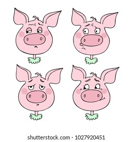A set of pig emotions, including sadness, offense, shame, embarrassment. Facial expression. Vector illustration of cartoon style