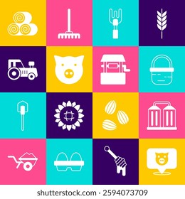 Set Pig, Granary, Basket, Garden rake, Tractor, Roll of hay and Well icon. Vector