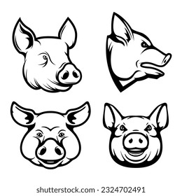 Set of pig heads. Design element for restaurant menu, poster, BBQ invitation card. Vector illustration.