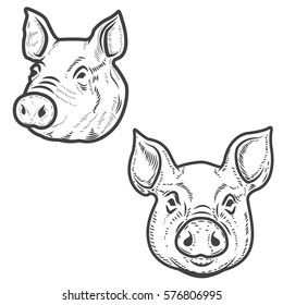 Set of pig heads isolated on white background. Pork meat. Design element for logo, label, emblem, sign, poster. Vector illustration.